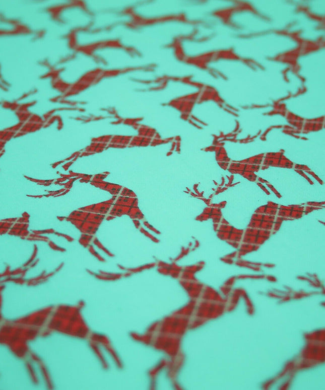 Tartan Check Reindeer Stag Christmas Printed Poly Cotton Fabric Polycotton 45"
