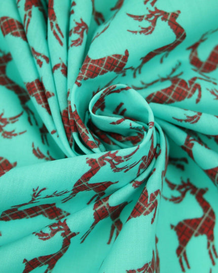 Tartan Check Reindeer Stag Christmas Printed Poly Cotton Fabric Polycotton 45"