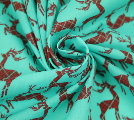 Tartan Check Reindeer Stag Christmas Printed Poly Cotton Fabric Polycotton 45"