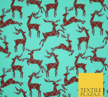 Tartan Check Reindeer Stag Christmas Printed Poly Cotton Fabric Polycotton 45"