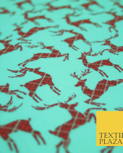 Tartan Check Reindeer Stag Christmas Printed Poly Cotton Fabric Polycotton 45"