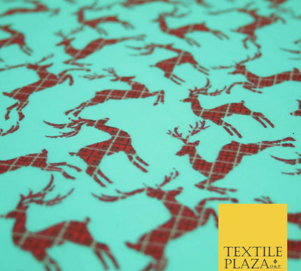 Tartan Check Reindeer Stag Christmas Printed Poly Cotton Fabric Polycotton 45"