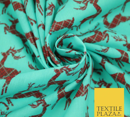 Tartan Check Reindeer Stag Christmas Printed Poly Cotton Fabric Polycotton 45"