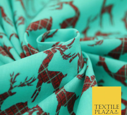 Tartan Check Reindeer Stag Christmas Printed Poly Cotton Fabric Polycotton 45"