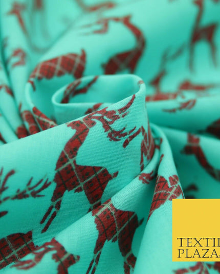 Tartan Check Reindeer Stag Christmas Printed Poly Cotton Fabric Polycotton 45"