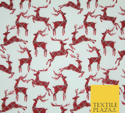 Tartan Check Reindeer Stag Christmas Printed Poly Cotton Fabric Polycotton 45"