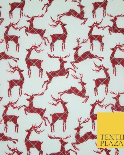Tartan Check Reindeer Stag Christmas Printed Poly Cotton Fabric Polycotton 45"