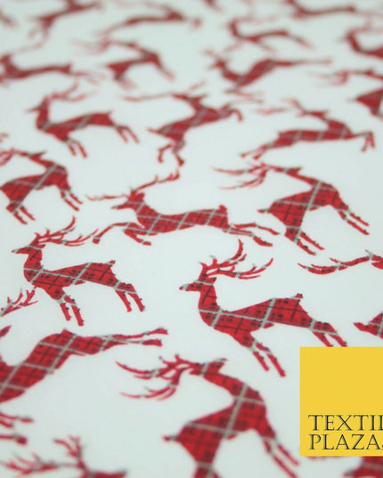 Tartan Check Reindeer Stag Christmas Printed Poly Cotton Fabric Polycotton 45"