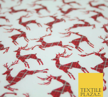 Tartan Check Reindeer Stag Christmas Printed Poly Cotton Fabric Polycotton 45"