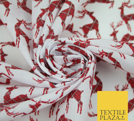 Tartan Check Reindeer Stag Christmas Printed Poly Cotton Fabric Polycotton 45"