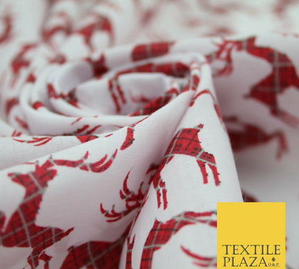 Tartan Check Reindeer Stag Christmas Printed Poly Cotton Fabric Polycotton 45"