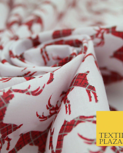 Tartan Check Reindeer Stag Christmas Printed Poly Cotton Fabric Polycotton 45"