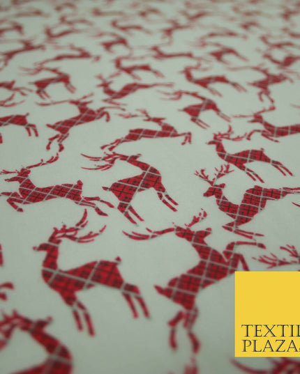 Tartan Check Reindeer Stag Christmas Printed Poly Cotton Fabric Polycotton 45"
