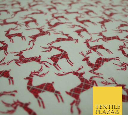 Tartan Check Reindeer Stag Christmas Printed Poly Cotton Fabric Polycotton 45"