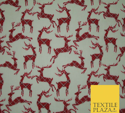 Tartan Check Reindeer Stag Christmas Printed Poly Cotton Fabric Polycotton 45"