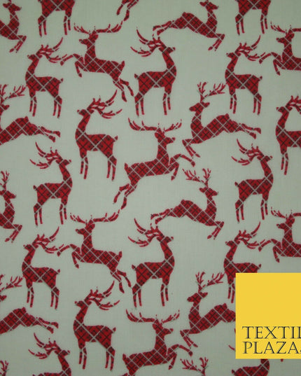 Tartan Check Reindeer Stag Christmas Printed Poly Cotton Fabric Polycotton 45"