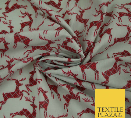 Tartan Check Reindeer Stag Christmas Printed Poly Cotton Fabric Polycotton 45"