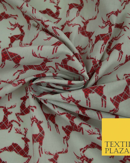 Tartan Check Reindeer Stag Christmas Printed Poly Cotton Fabric Polycotton 45"