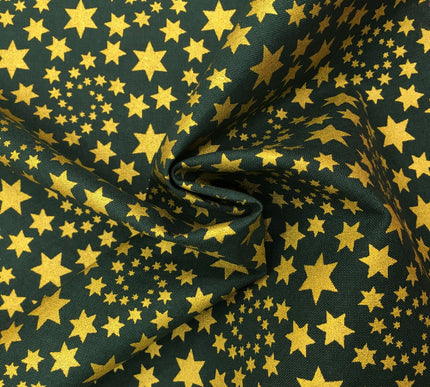 Christmas Gold Stars Fabric 100% Cotton - Festive Print GREEN RF30