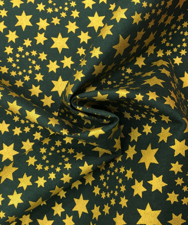 Christmas Gold Stars Fabric 100% Cotton - Festive Print GREEN RF30