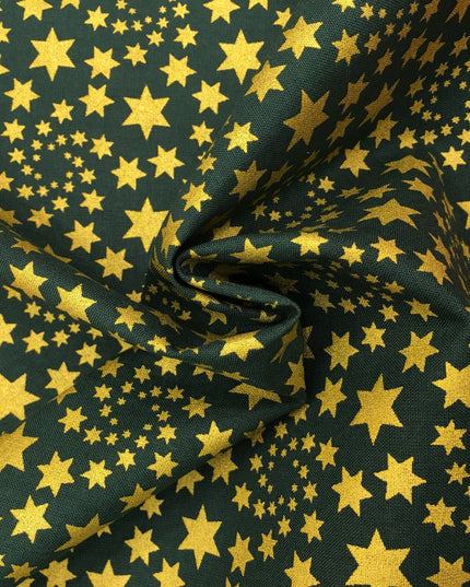 Christmas Gold Stars Fabric 100% Cotton - Festive Print GREEN RF30