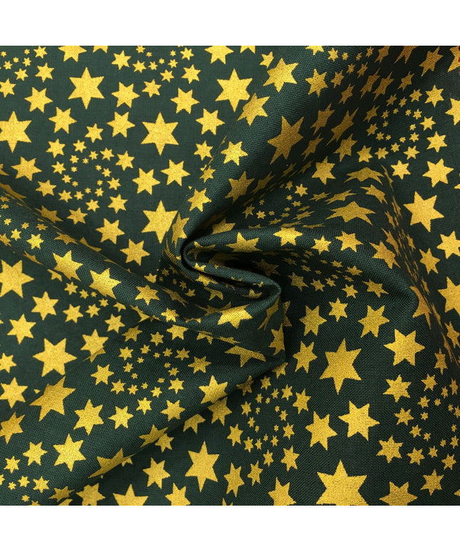 Christmas Gold Stars Fabric 100% Cotton - Festive Print GREEN RF30