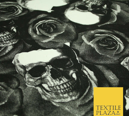 Black White Skulls N Roses Printed Stretch Jersey Fabric 59" Wide Halloween 3945