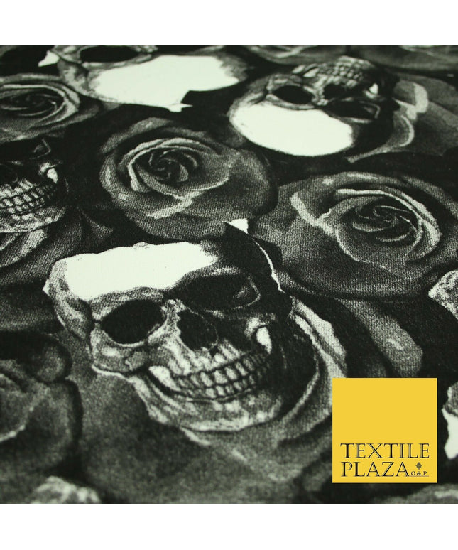 Black White Skulls N Roses Printed Stretch Jersey Fabric 59" Wide Halloween 3945