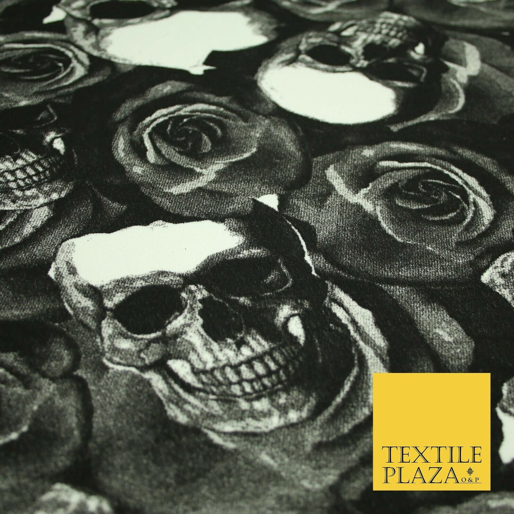 Black White Skulls N Roses Printed Stretch Jersey Fabric 59" Wide Halloween 3945
