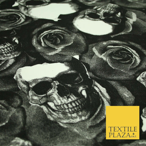 Black White Skulls N Roses Printed Stretch Jersey Fabric 59" Wide Halloween 3945