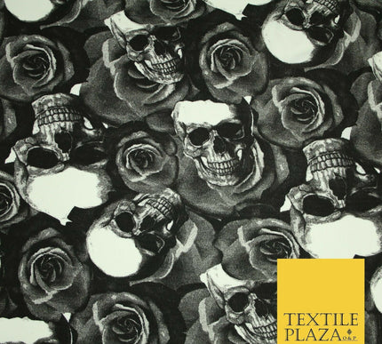 Black White Skulls N Roses Printed Stretch Jersey Fabric 59" Wide Halloween 3945