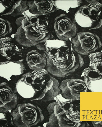 Black White Skulls N Roses Printed Stretch Jersey Fabric 59" Wide Halloween 3945