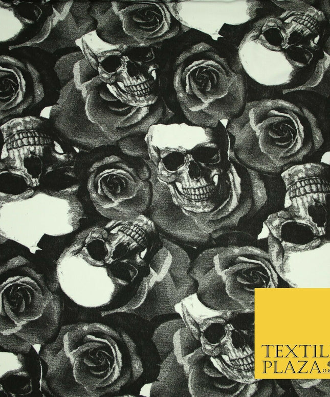 Black White Skulls N Roses Printed Stretch Jersey Fabric 59" Wide Halloween 3945