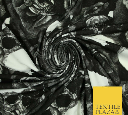 Black White Skulls N Roses Printed Stretch Jersey Fabric 59" Wide Halloween 3945