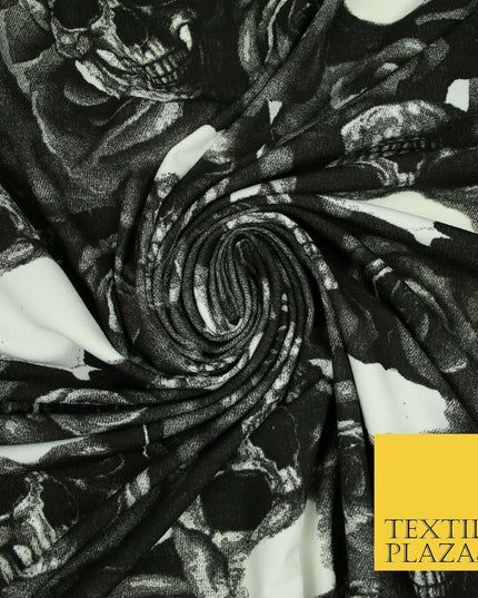 Black White Skulls N Roses Printed Stretch Jersey Fabric 59" Wide Halloween 3945