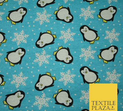 Blue Penguins Snowflakes Brushed Cotton Flannel Winceyette Print Fabric 4499