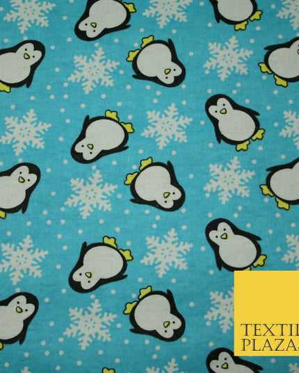 Blue Penguins Snowflakes Brushed Cotton Flannel Winceyette Print Fabric 4499