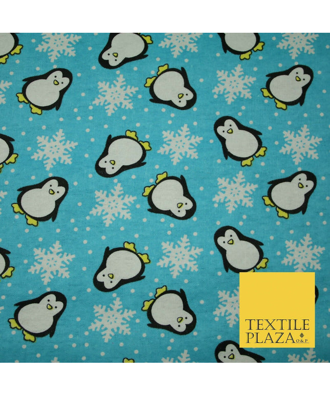 Blue Penguins Snowflakes Brushed Cotton Flannel Winceyette Print Fabric 4499