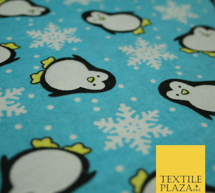 Blue Penguins Snowflakes Brushed Cotton Flannel Winceyette Print Fabric 4499