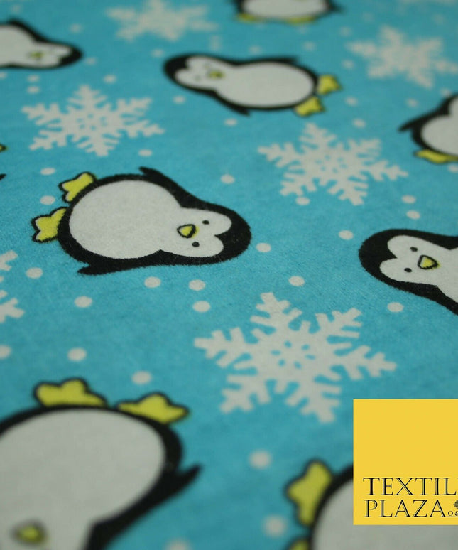 Blue Penguins Snowflakes Brushed Cotton Flannel Winceyette Print Fabric 4499