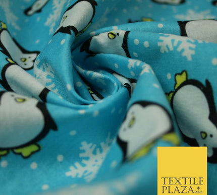 Blue Penguins Snowflakes Brushed Cotton Flannel Winceyette Print Fabric 4499