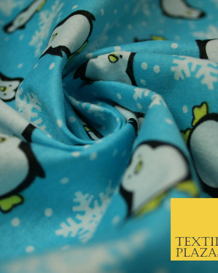 Blue Penguins Snowflakes Brushed Cotton Flannel Winceyette Print Fabric 4499