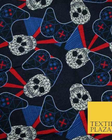 Navy Blue Skulls Digital Gaming Winceyette Soft Brushed Cotton Print Fabric 3966