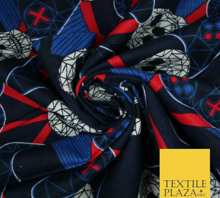 Navy Blue Skulls Digital Gaming Winceyette Soft Brushed Cotton Print Fabric 3966