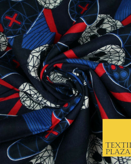 Navy Blue Skulls Digital Gaming Winceyette Soft Brushed Cotton Print Fabric 3966