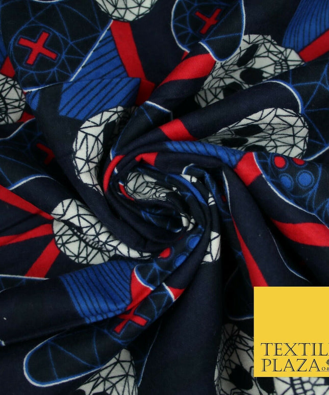 Navy Blue Skulls Digital Gaming Winceyette Soft Brushed Cotton Print Fabric 3966