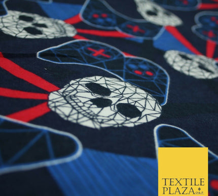 Navy Blue Skulls Digital Gaming Winceyette Soft Brushed Cotton Print Fabric 3966
