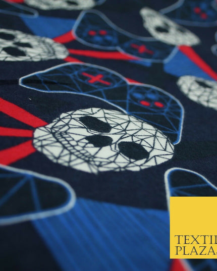 Navy Blue Skulls Digital Gaming Winceyette Soft Brushed Cotton Print Fabric 3966