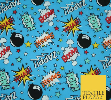 Blue POW ZAPP WHAM Kids Cartoon Comic Book Bomb Printed Polycotton Fabric 44"