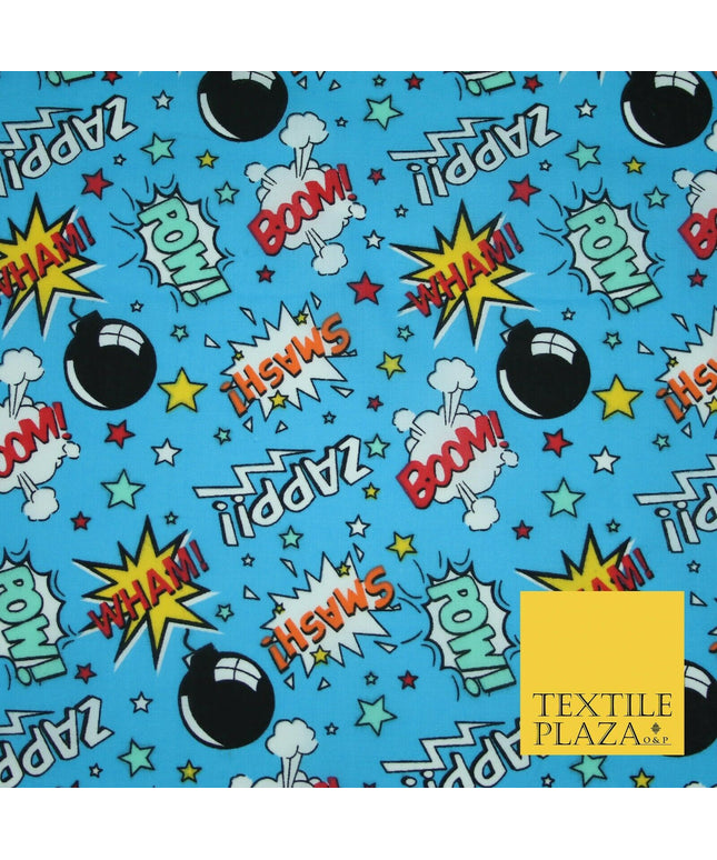 Blue POW ZAPP WHAM Kids Cartoon Comic Book Bomb Printed Polycotton Fabric 44"